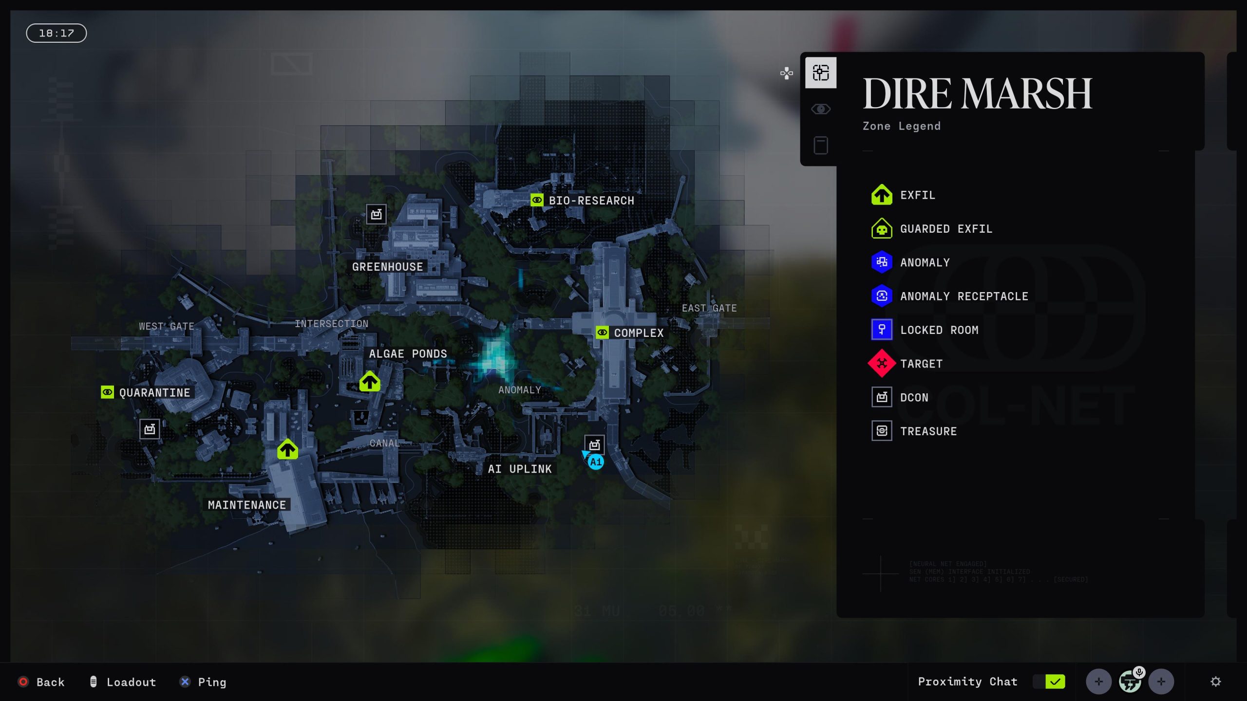 Carte du jeu intitulée 'Dire Marsh' montrant divers lieux étiquetés.