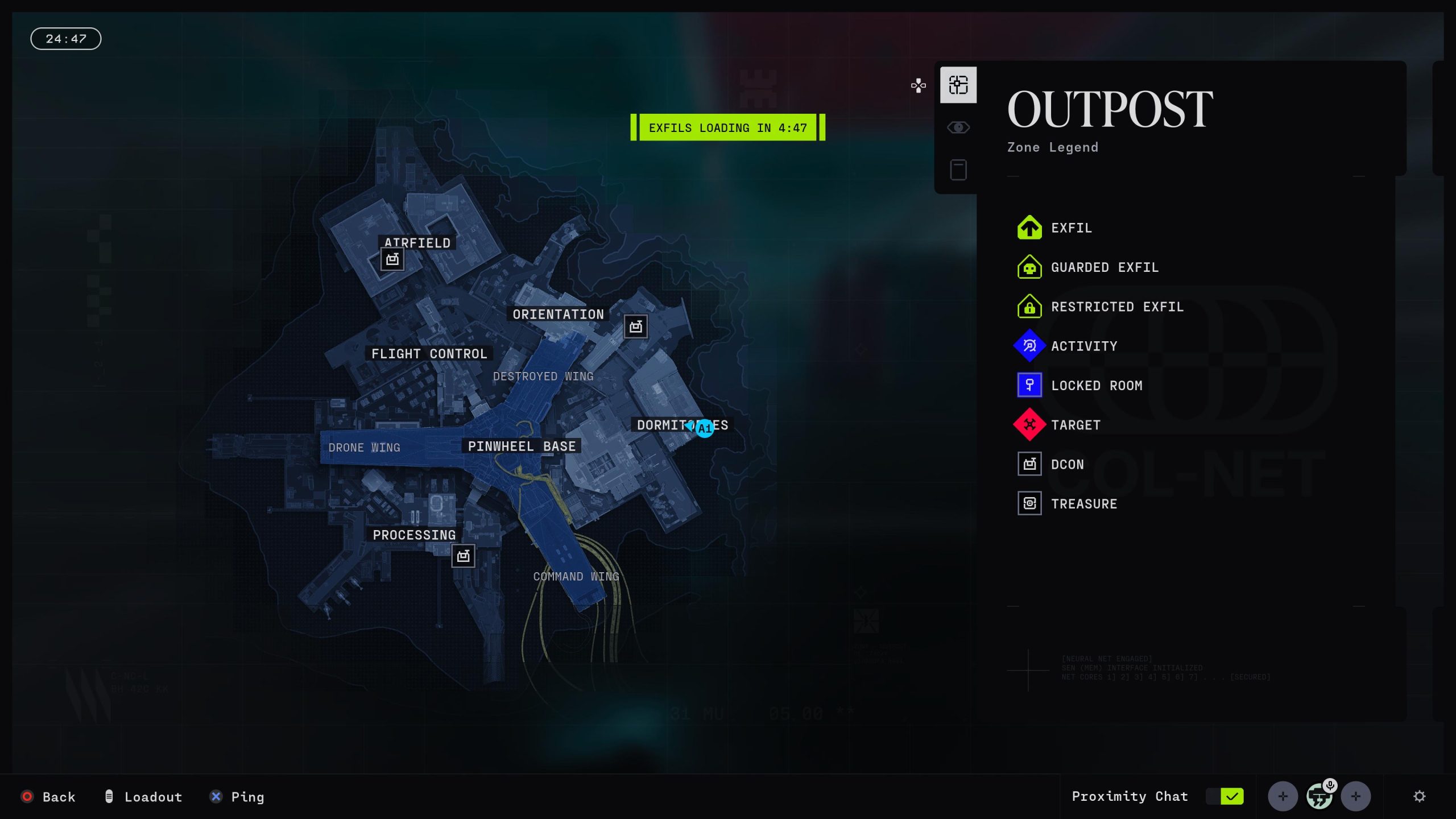 Carte du jeu intitulée 'OUTPOST' montrant les emplacements des DCON.