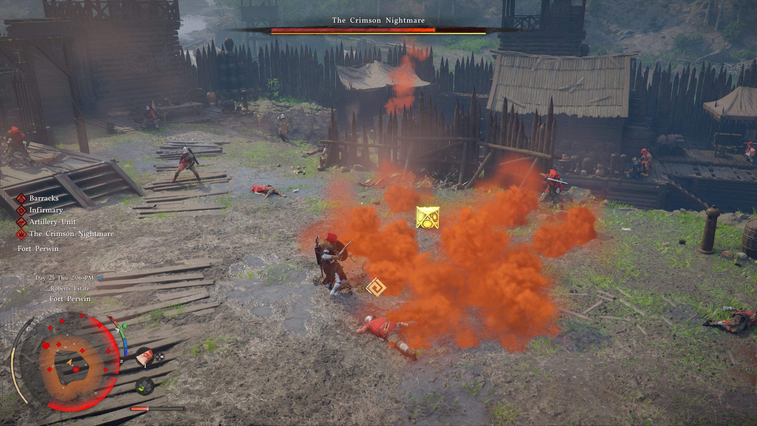 Un personnage dans Crimson Desert combat dans une fumée rouge et des soldats ennemis à Fort Perwin.