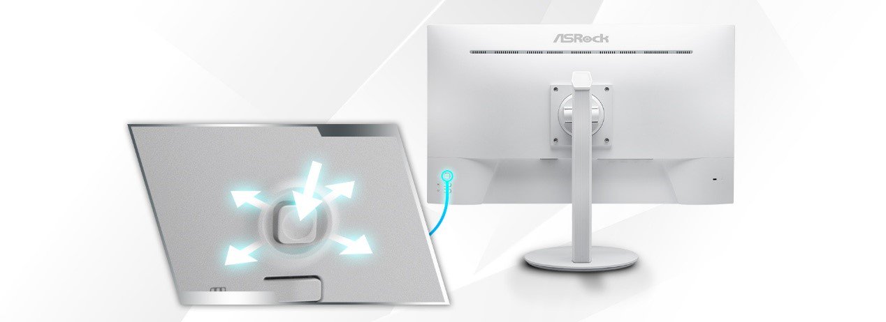 Arrière d'un moniteur ASRock avec des flèches indiquant les directions de mouvement.