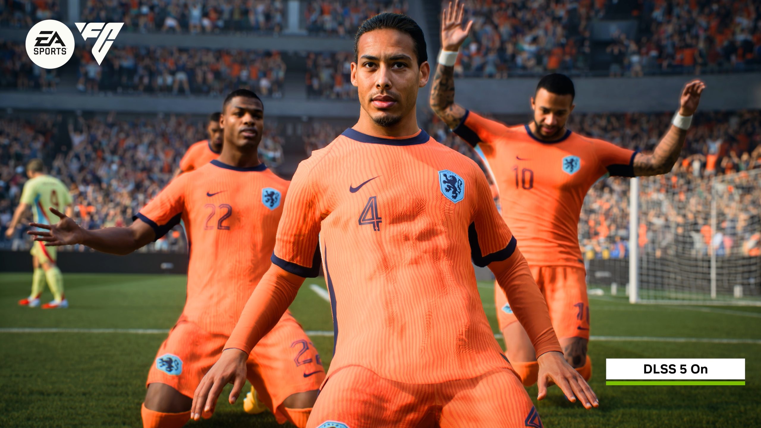 Capture d'écran d'EA Sports FC montrant un joueur célébrant, avec 'DLSS 5 On' affiché.