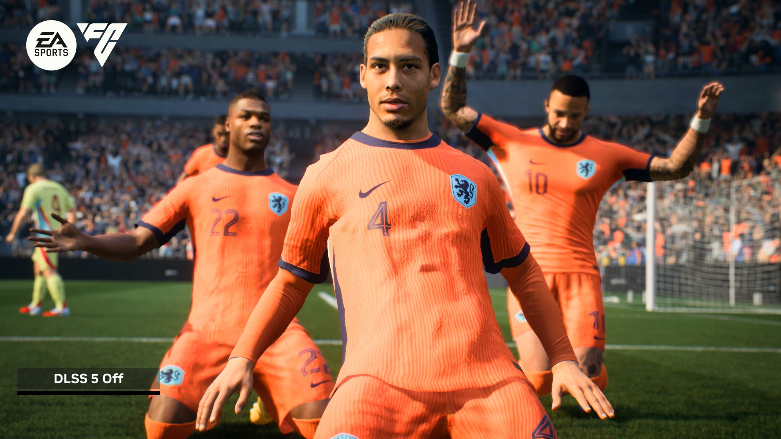 Une scène d'EA Sports FC avec des joueurs célébrant un but, avec le texte 'DLSS 5 Off' affiché.