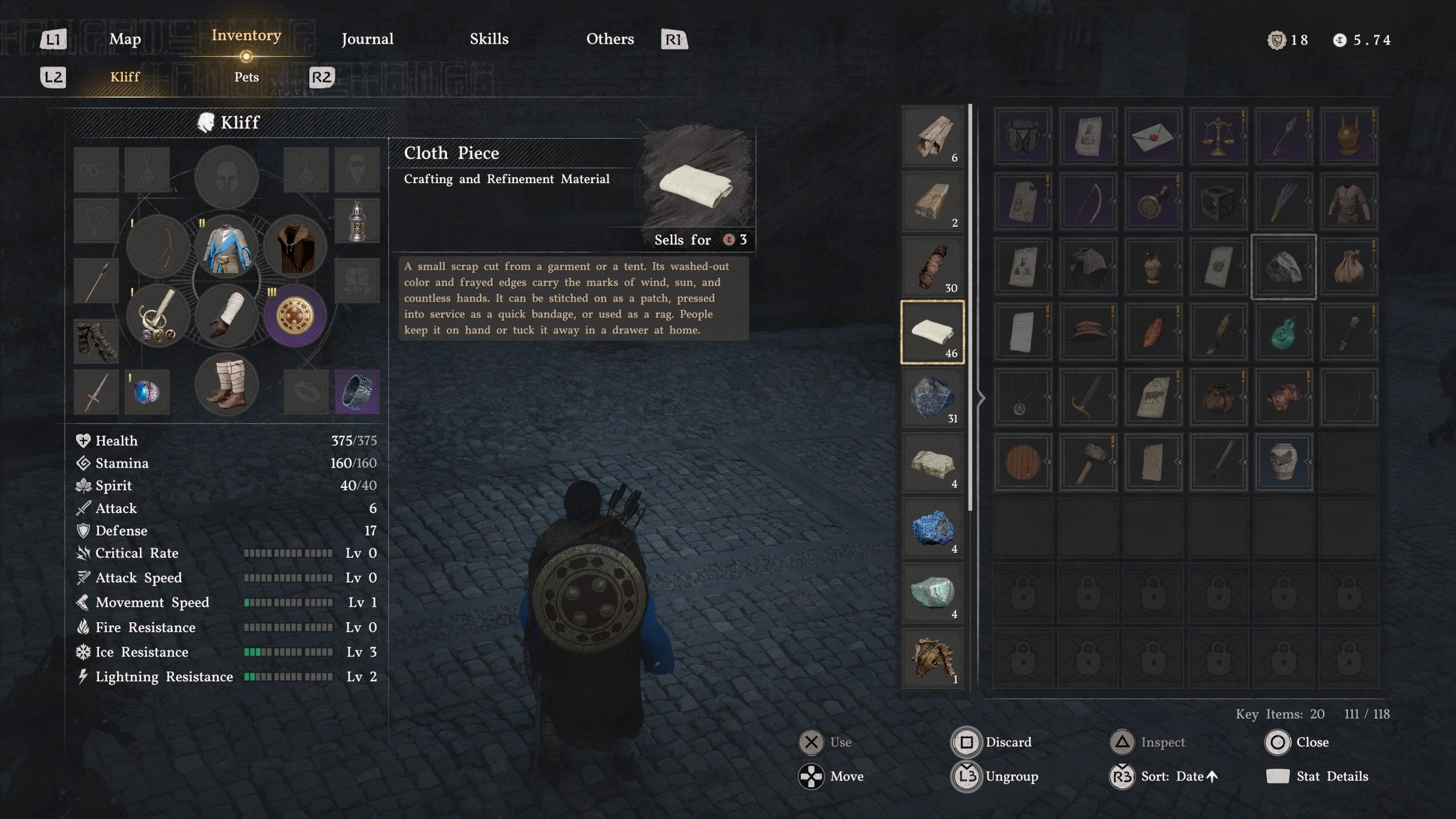 L'inventaire du personnage Kliff dans Crimson Desert.