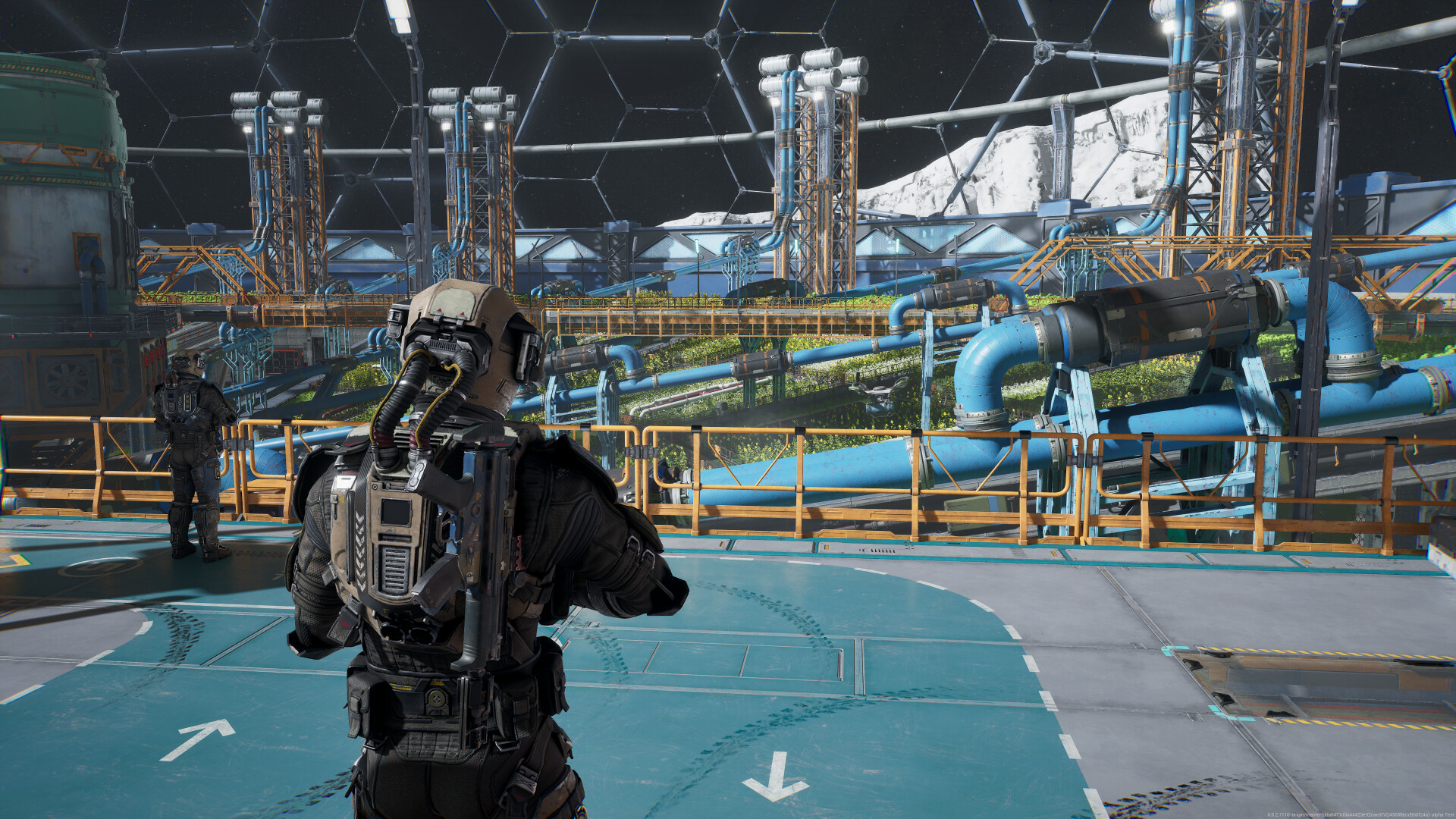 Une scène du jeu 'The Expanse: Osiris Reborn' montrant des personnages en costumes futuristes à l'intérieur d'une biodôme.