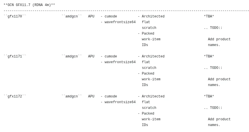 Tableau listant les architectures GPU avec 'gfx1170', 'gfx1171', et 'gfx1172'.