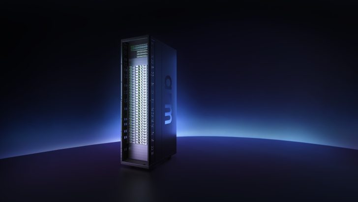 Un rack de serveur avec le logo 'ARM' illuminé dans un cadre sombre futuriste.