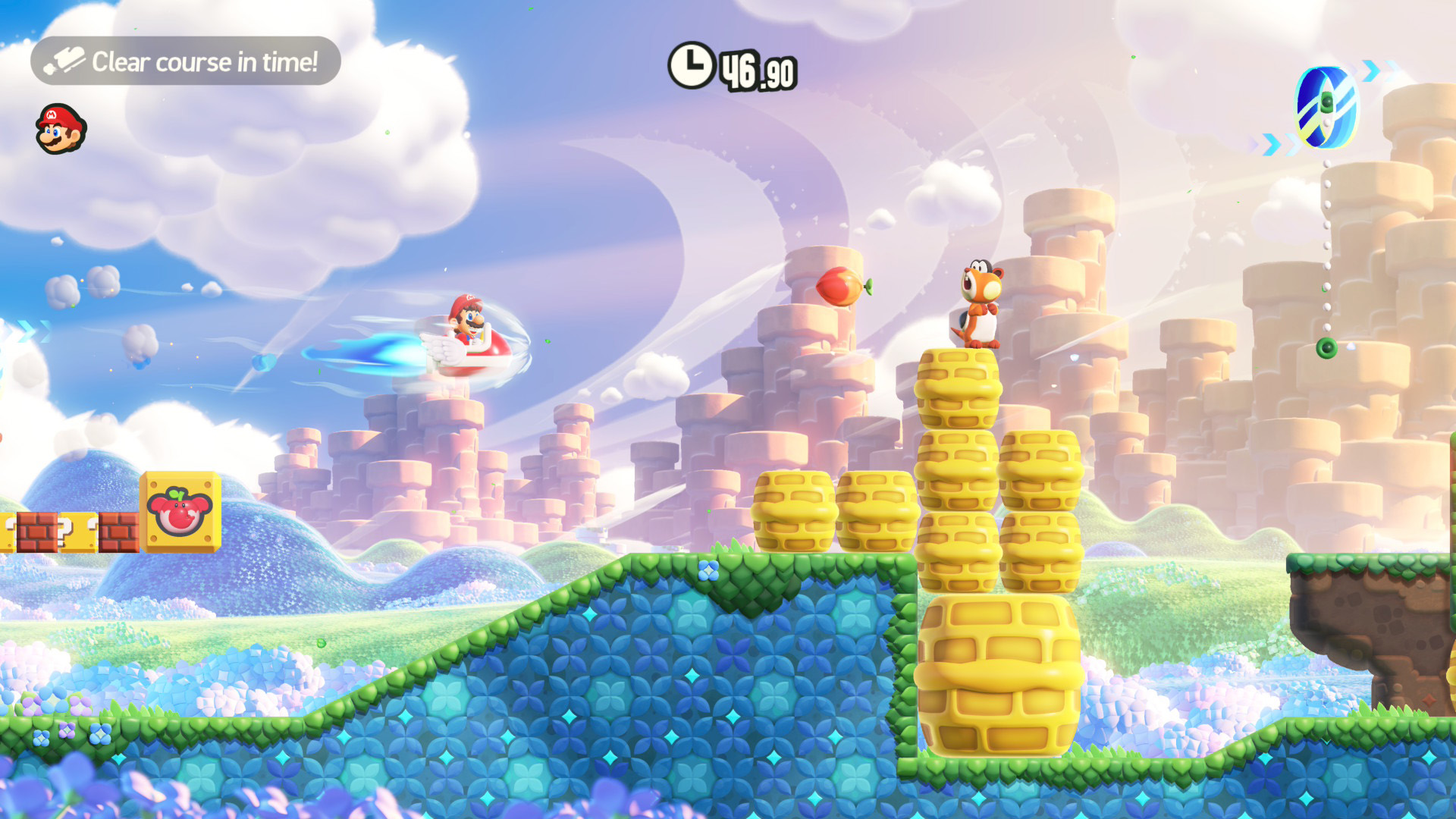 Scène de jeu de Super Mario Bros. Wonder montrant Mario dans une voiture-fusée