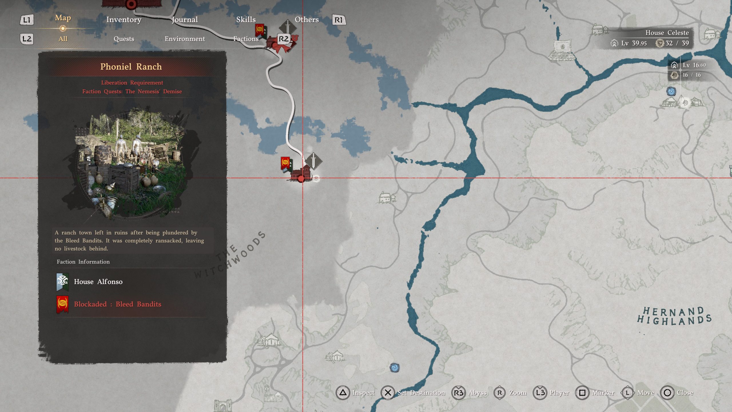 Écran de carte de Crimson Desert montrant le Ranch de Phoniel avec une description indiquant qu'il est pillé par les Bandits de la Sang.