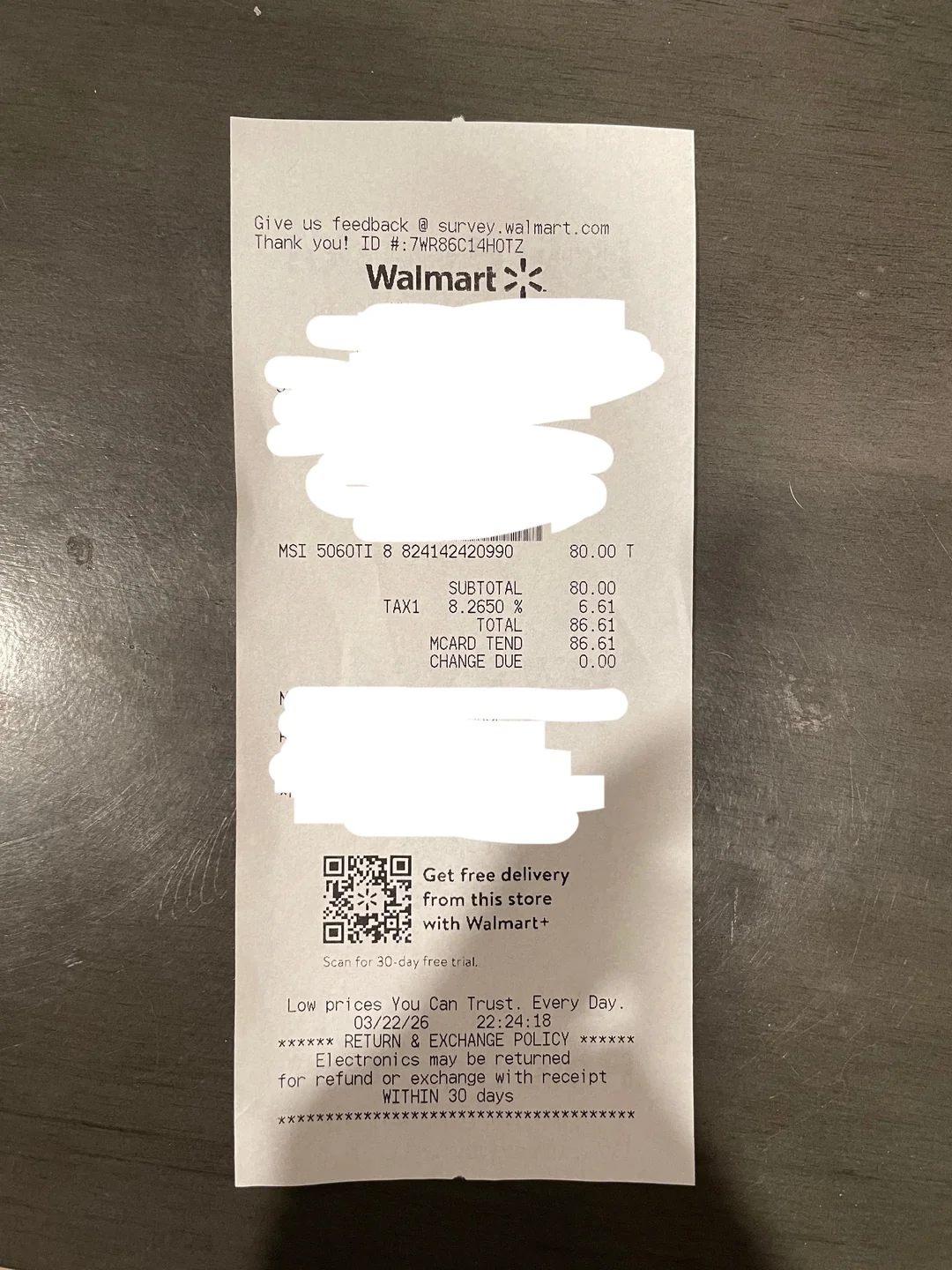 Un reçu Walmart montre l'achat d'une MSI 5060TI 8 Go avec un sous-total de 80 € et un total de 86,61 € après taxes.