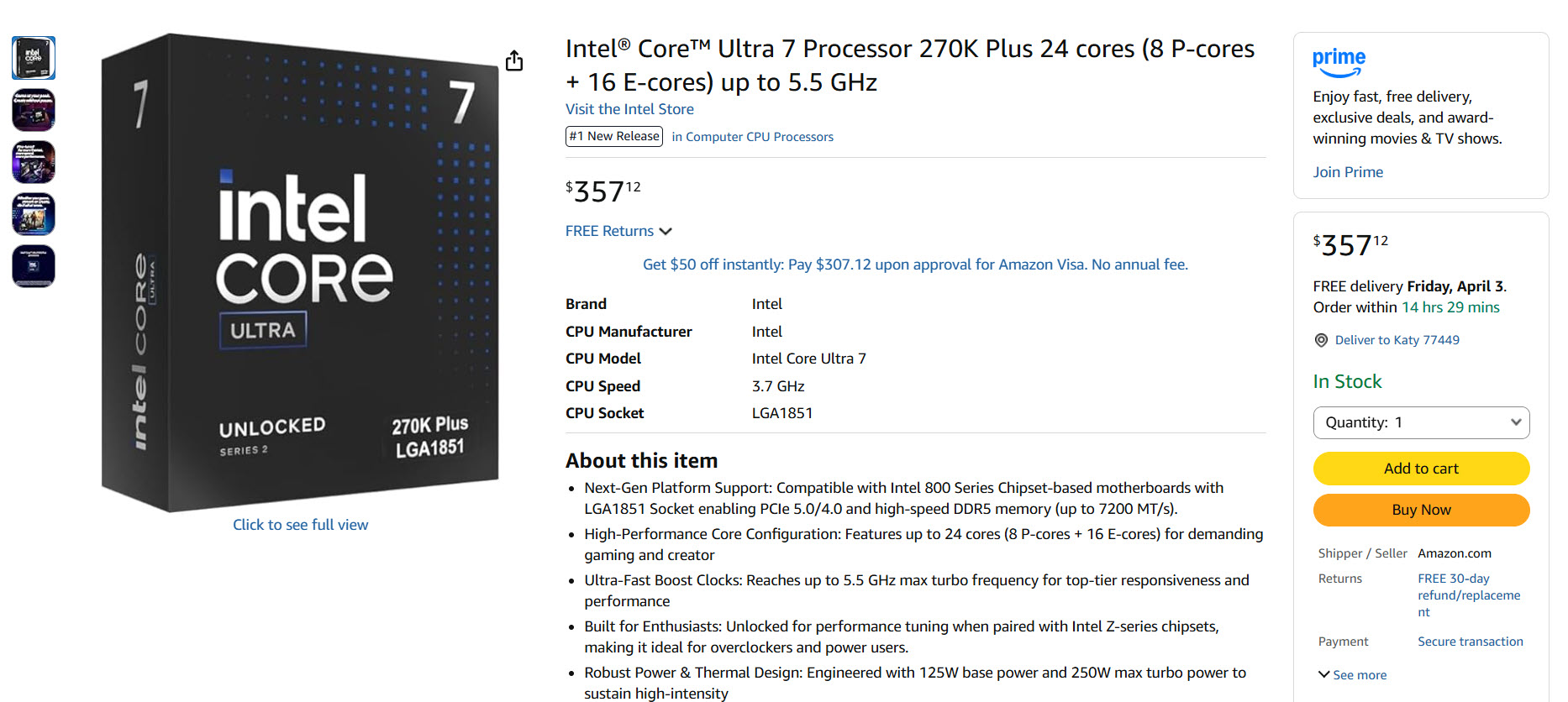Le processeur Intel Core Ultra 7 270K Plus affiché à 357,12 € sur Amazon.