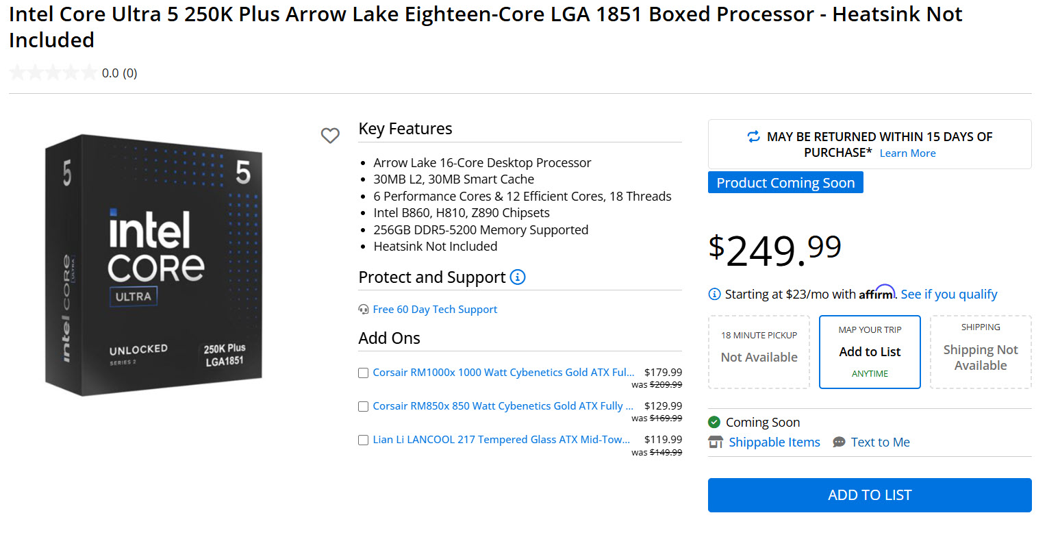 La boîte du processeur Core Ultra 5 250K Plus est annoncée à 249,99 €.