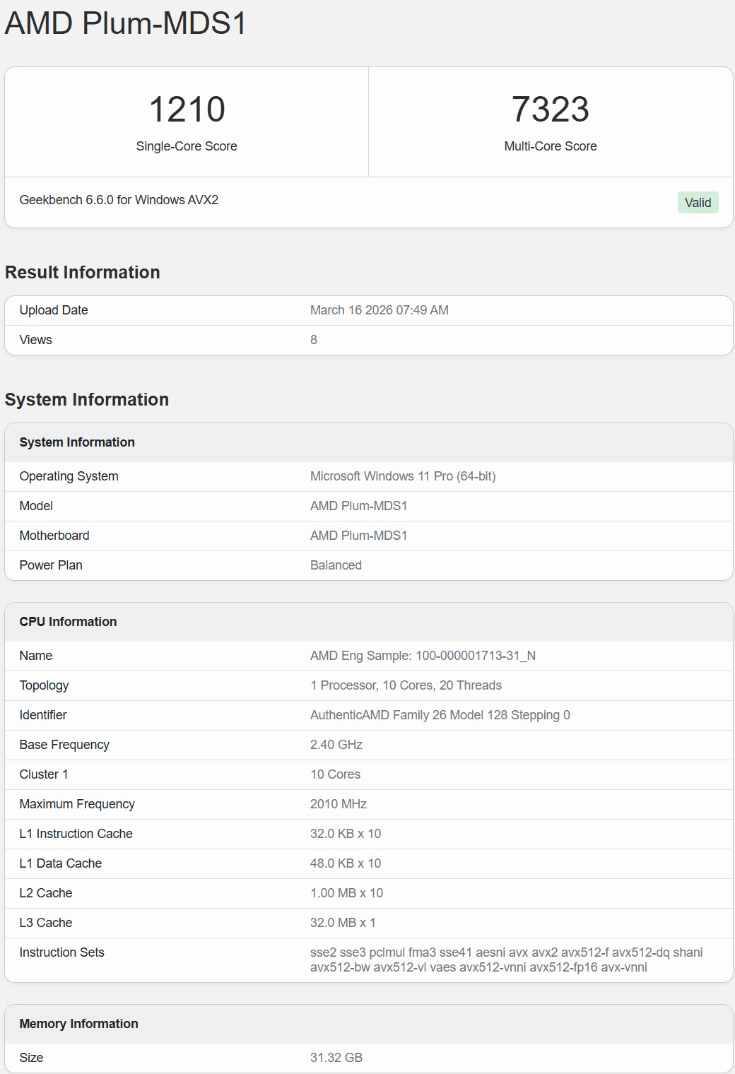 Résultat Geekbench 6.6.0 pour l'AMD Plum-MDS1.