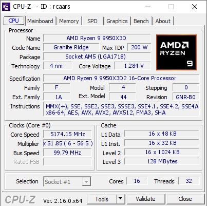 Détails du Ryzen 9 9950X3D2 dans CPU-Z