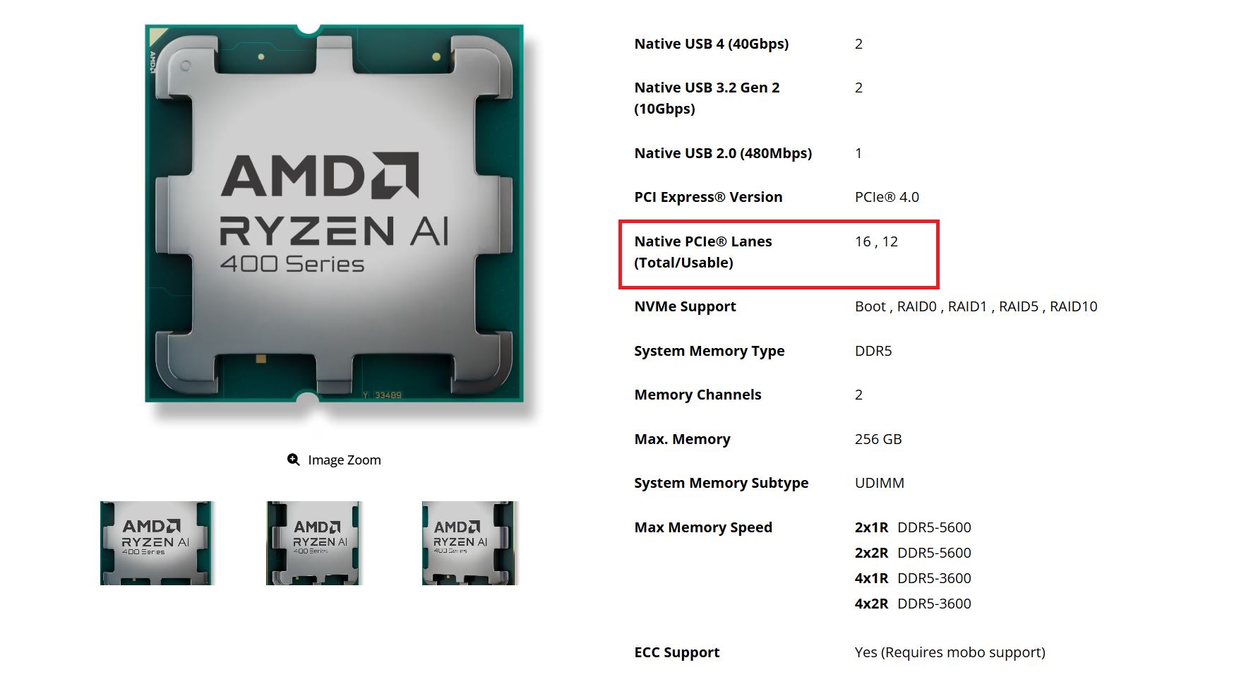 Un processeur AMD Ryzen AI 400 Series avec détails de spécifications