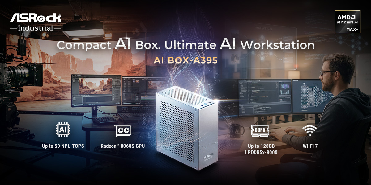 L'ASRock AI BOX-A395 avec ses caractéristiques comme 'Radeon™ 8060S GPU,' 'Jusqu'à 50 NPU TOPS,' et 'Jusqu'à 128 Go LPDDR5x-8000,' affichée dans un studio.