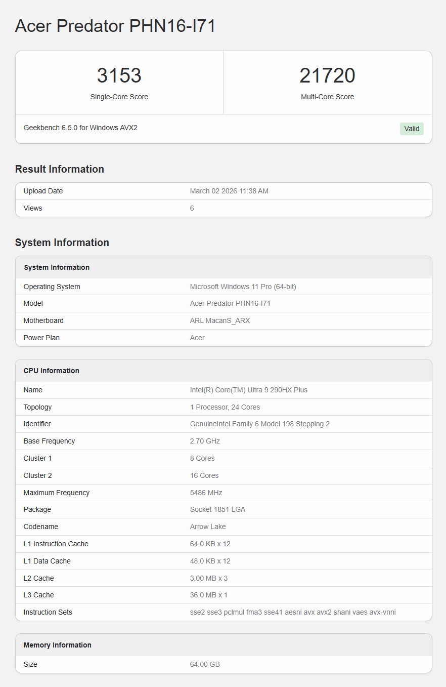 Le Acer Predator PHN16-I71 atteint 3153 points en mono cœur et 21720 en multi cœur sur Geekbench 6.5.0 pour Windows AVX2.
