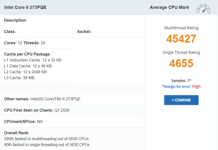 Benchmark du Core 9 273PQE avec des résultats impressionnants sur PassMark.