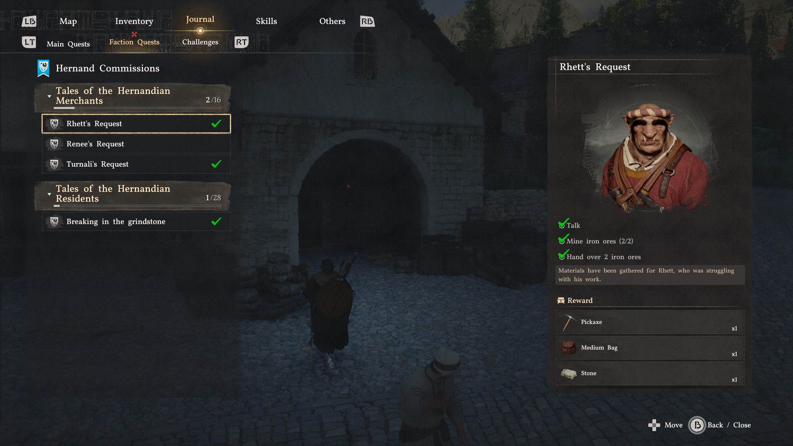 L'interface de Crimson Desert affiche un écran de complétion de quête 'Demande de Rhett' listant des tâches comme 'Miner des minerais de fer (2/2)' avec des récompenses comprenant une pioche, un sac moyen et de la pierre.