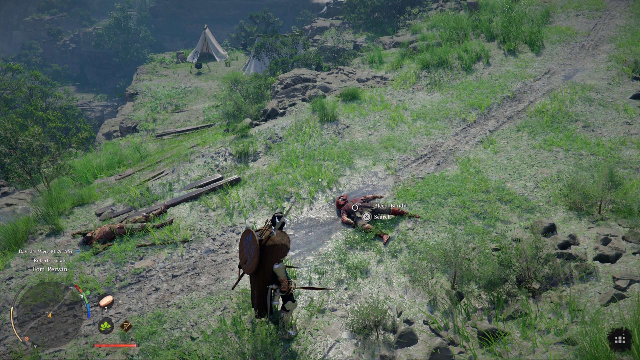 Un personnage dans Crimson Desert se tient près d'un bandit vaincu sur une colline herbeuse, avec les options 'Vider le bandit' et 'Chercher' affichées.