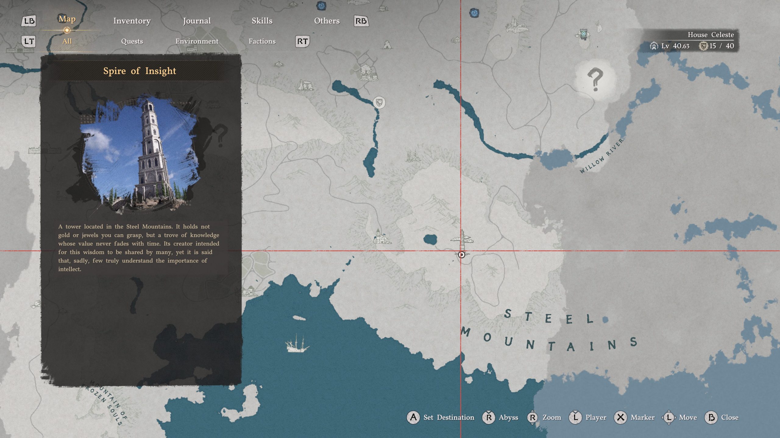 Carte du jeu Crimson Desert montrant l'emplacement de la 'Flèche de la Connaissance', avec des textes descriptifs.