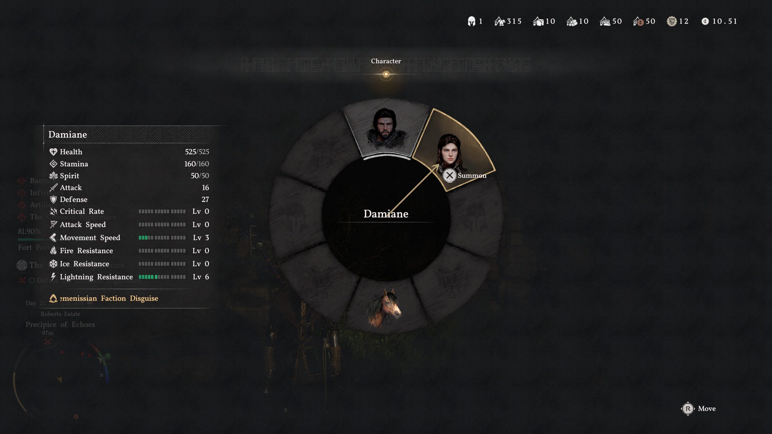 Écran de sélection des personnages dans Crimson Desert montrant les statistiques de Damiane.