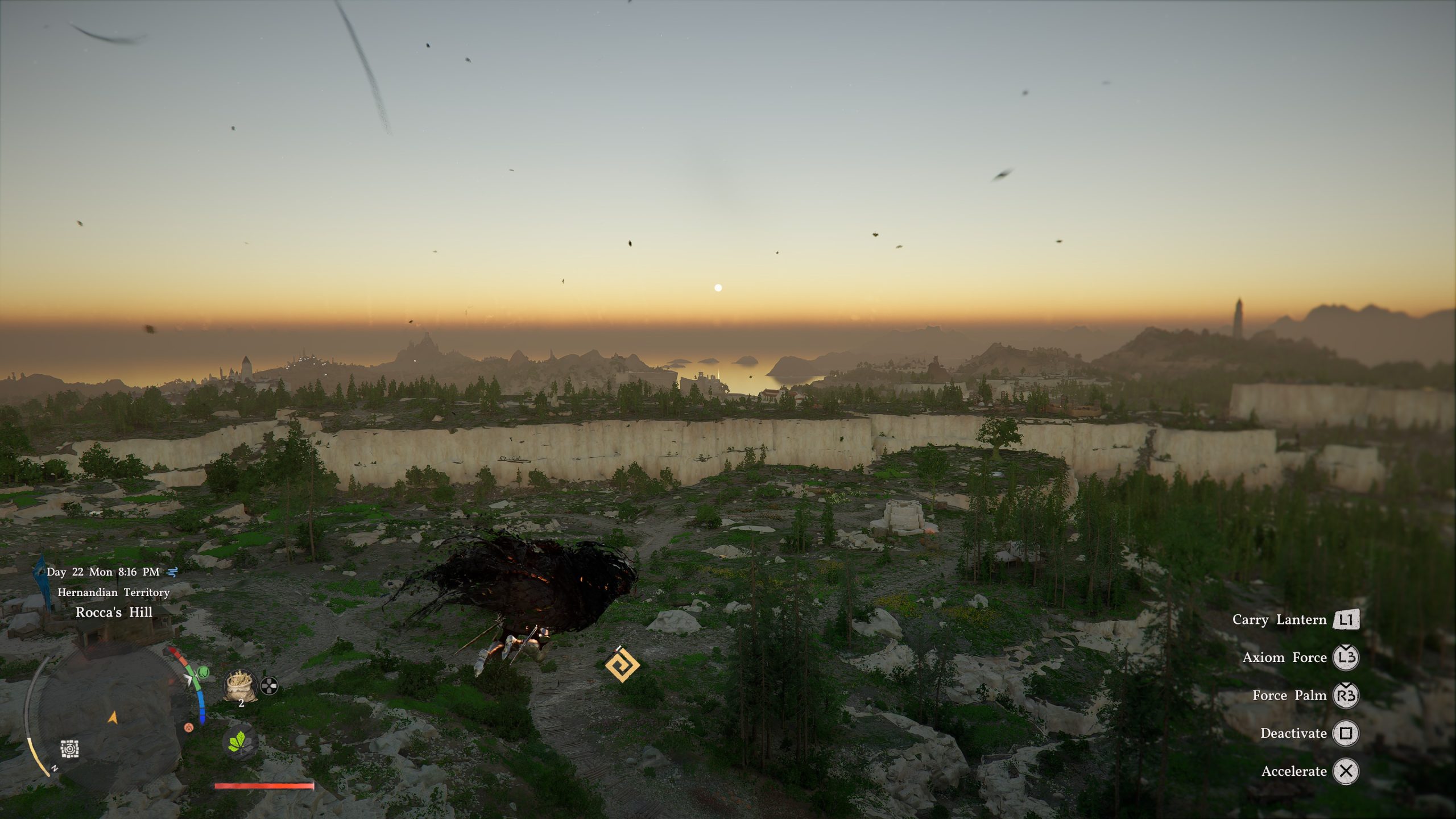 Scène de jeu dans Crimson Desert illustrant un personnage avec un coucher de soleil, incluant les commandes à l'écran pour des actions comme 'Carry Lantern'.