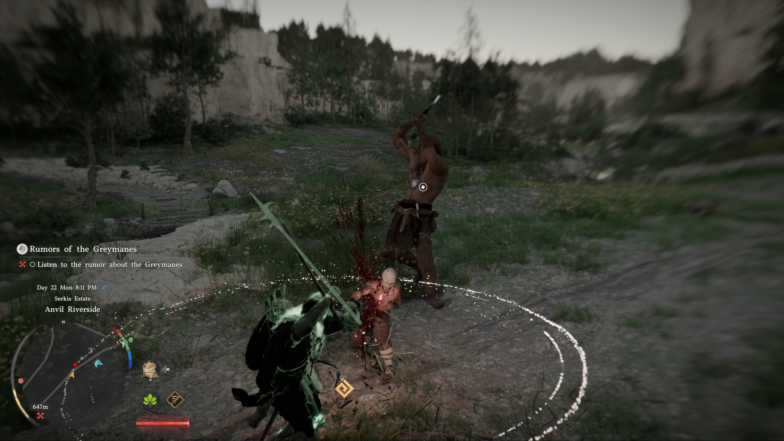 Dans Crimson Desert, un personnage se bat contre un grand ennemi, avec du texte à l'écran affichant 'Rumeurs des Greymanes' et un objectif d'écouter la rumeur.