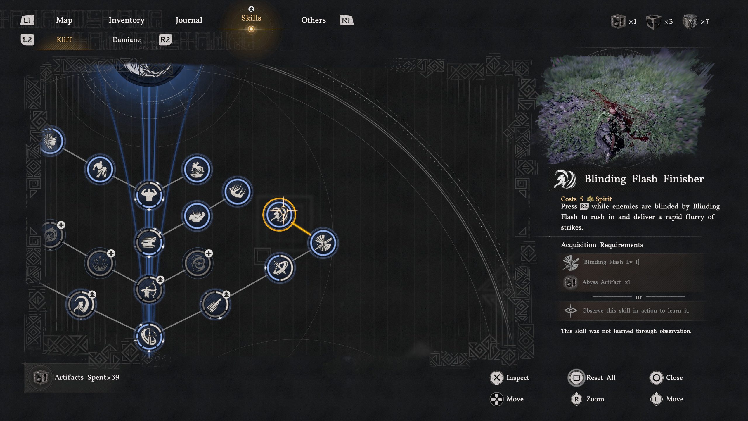 Interface du jeu Crimson Desert affichant la compétence 'Blinding Flash Finisher', nécessitant 5 Spirit et R2 pendant que les ennemis sont aveuglés pour une attaque rapide.