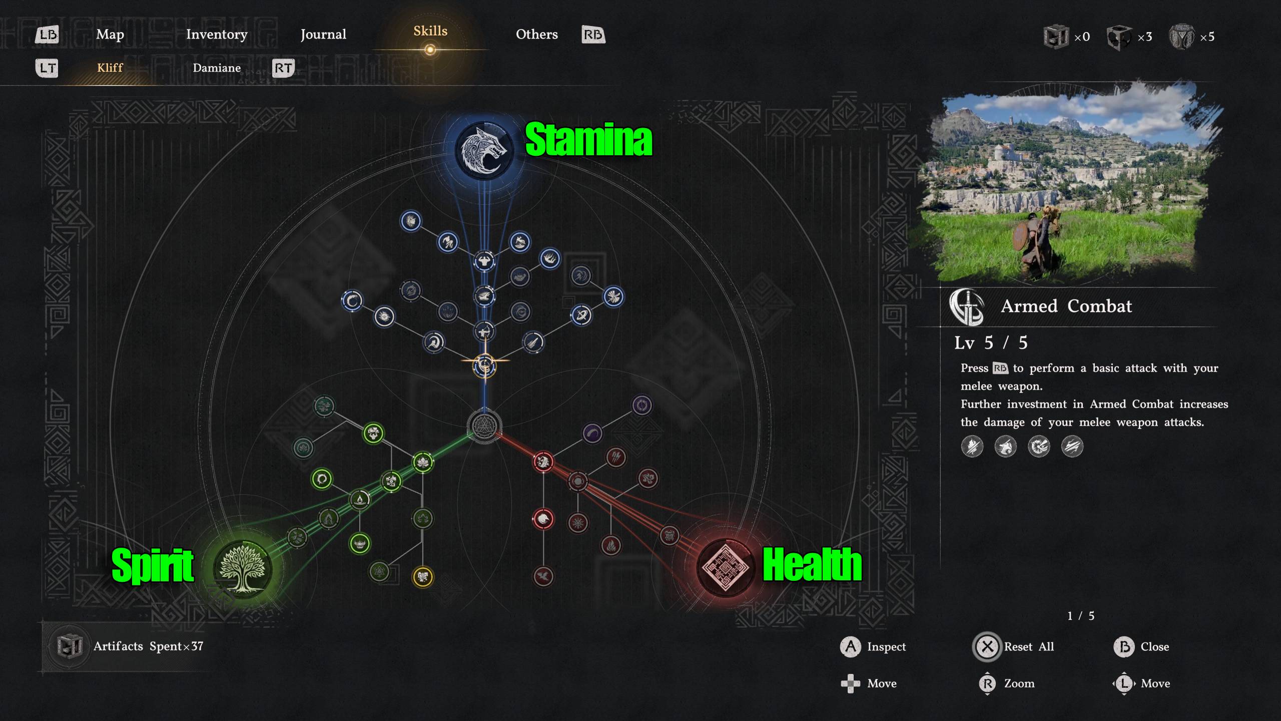 Un écran d'arbre de compétences dans Crimson Desert, avec les sections 'Endurance', 'Esprit' et 'Santé'.