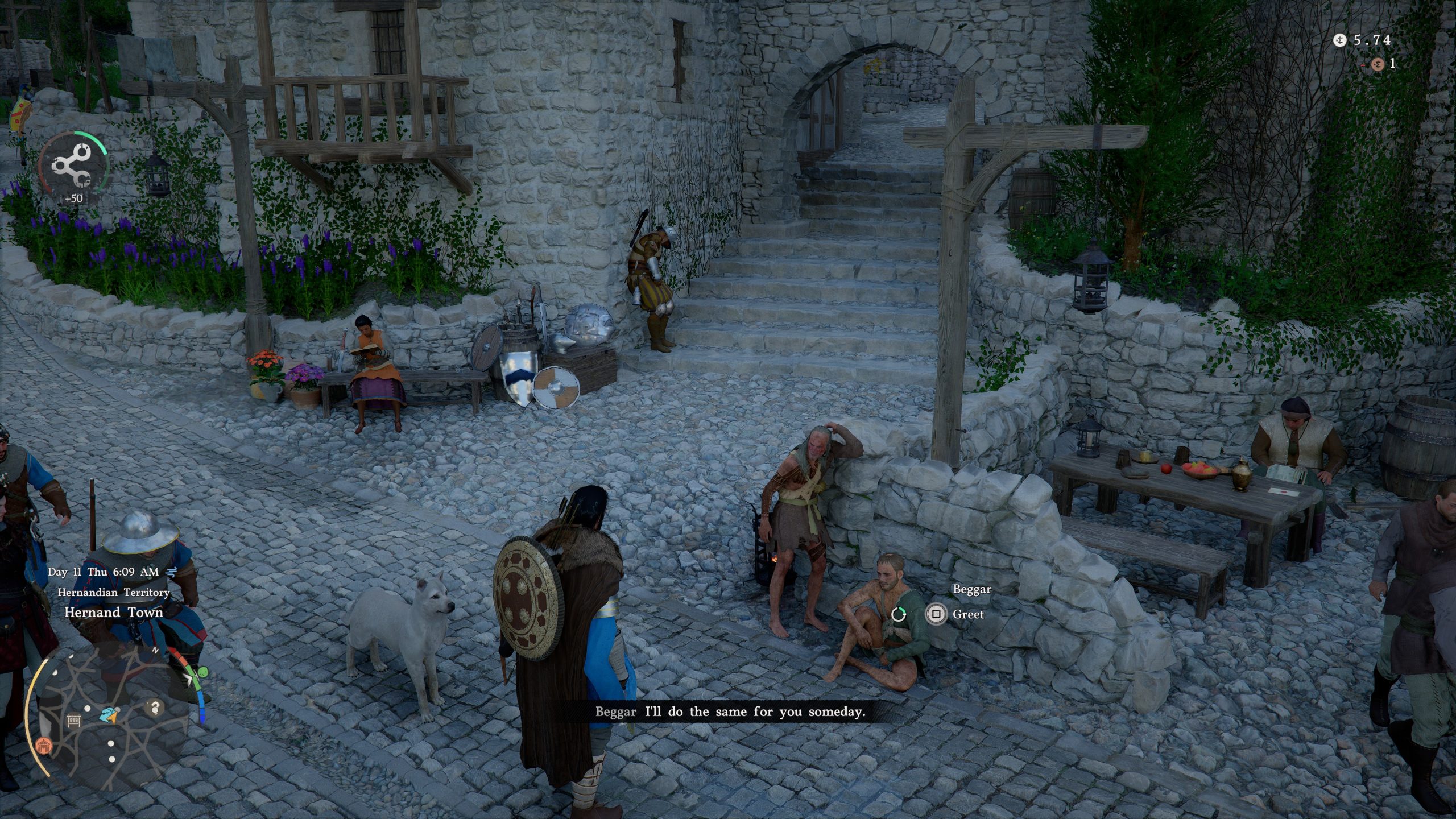 Un personnage de Crimson Desert interagit avec un mendiant dans 'Hernand Town'.