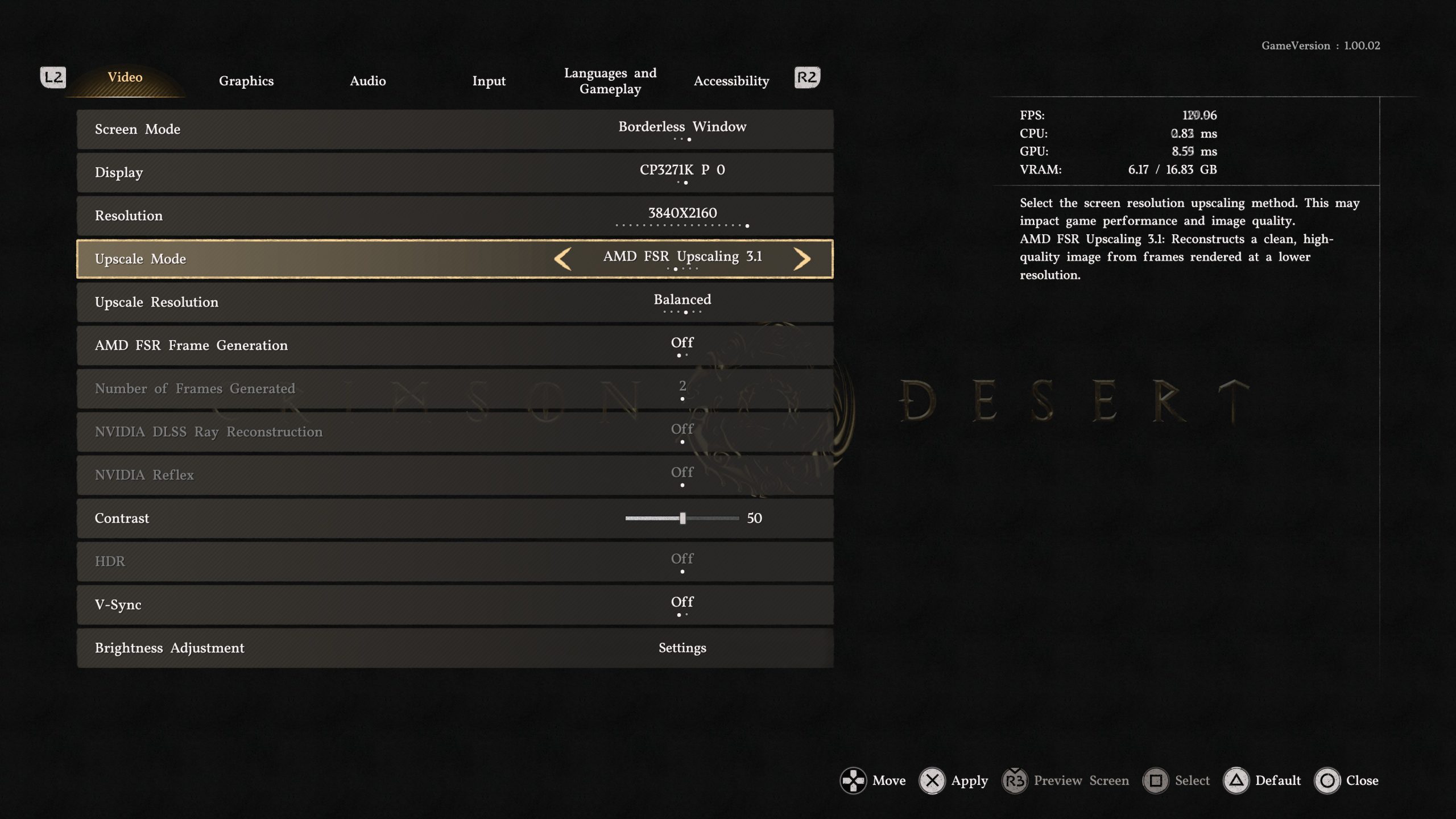 Menu de paramètres vidéo dans Crimson Desert avec options pour 'AMD FSR Upscaling 3.1', résolution 3840x2160 et un taux de 120.96 FPS.