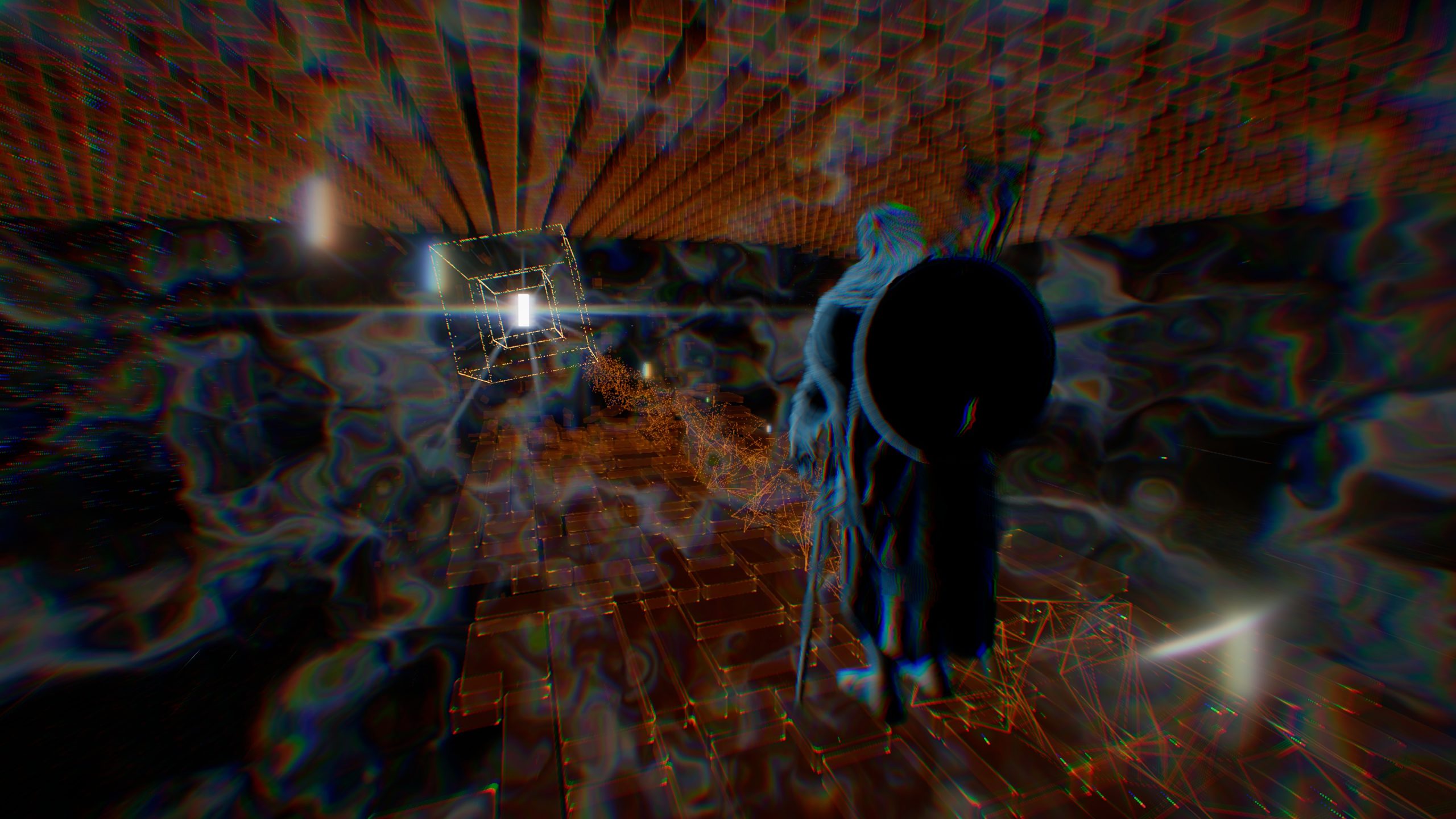 Un personnage fantastique dans Crimson Desert marche sur un chemin lumineux dans un environnement numérique surréaliste.