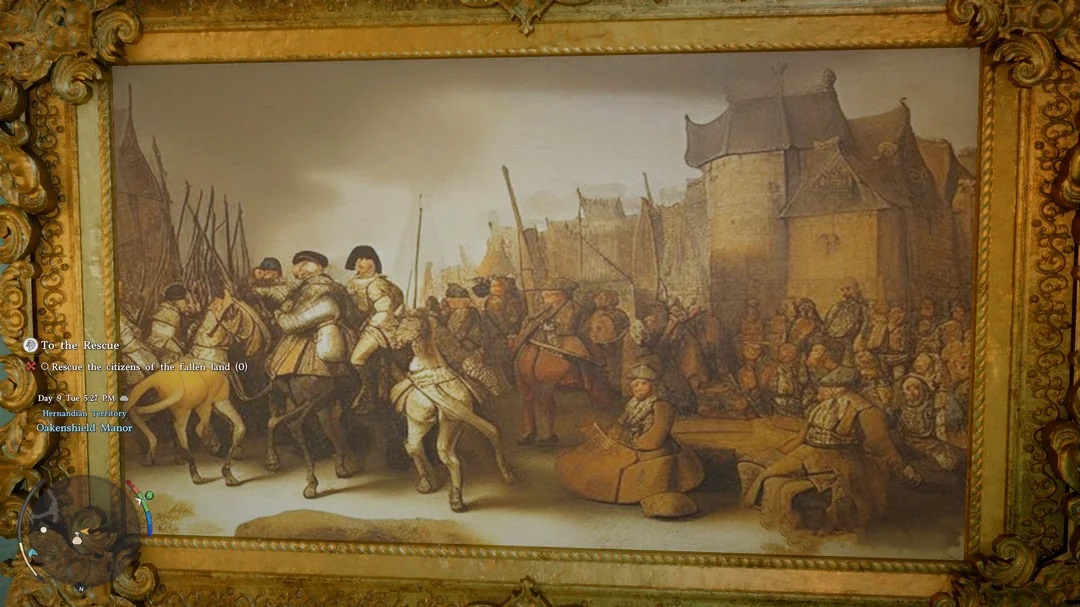 A painting within a gold frame features a historical scene with soldiers and civilians, overlaid with game UI elements including a quest titled 'To the Rescue,' located in 'Oakengshield Manor.'