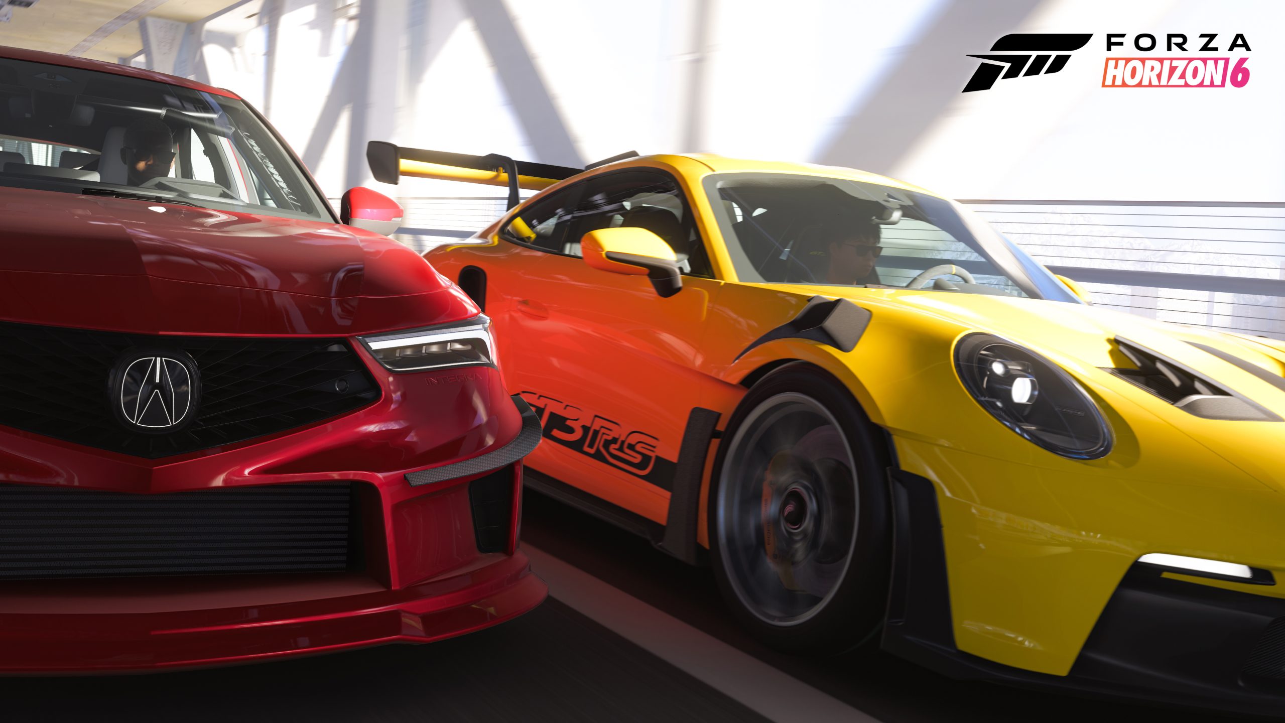 A red Acura Integra and a yellow Porsche GT3 RS are racing side by side in 'Forza Horizon 6'.