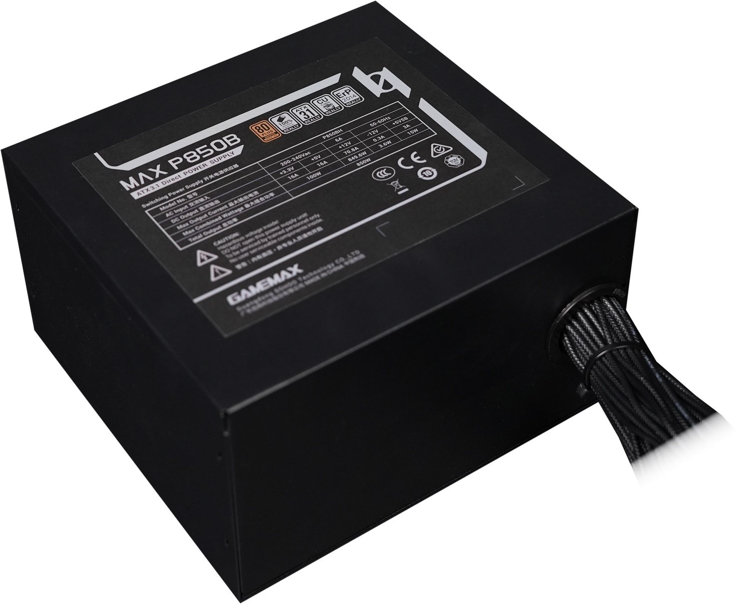 Unité d'alimentation GameMax MAX P850B avec certification 80 Plus Bronze.