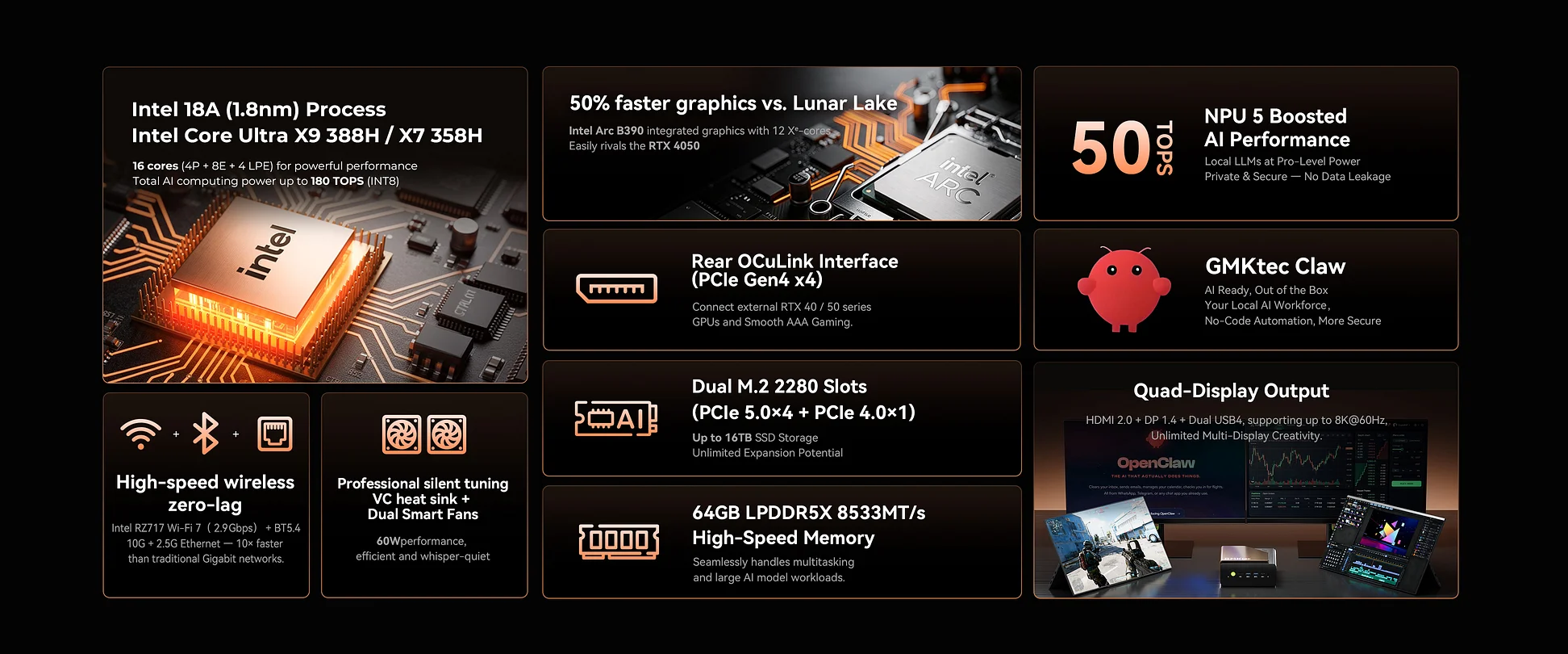 Cette image met en valeur les caractéristiques des processeurs Intel, notamment le Intel Core Ultra X9 388H qui utilise le processus Intel 18A (1,8 nm), fournissant 180 TOPS de puissance informatique AI.
