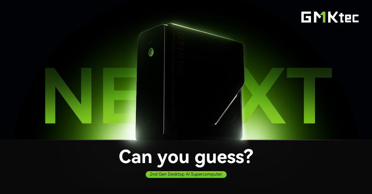 Un ordinateur de bureau GMKtec partiellement illuminé avec le texte 'Can you guess?' et '2nd Gen Desktop AI Supercomputer'