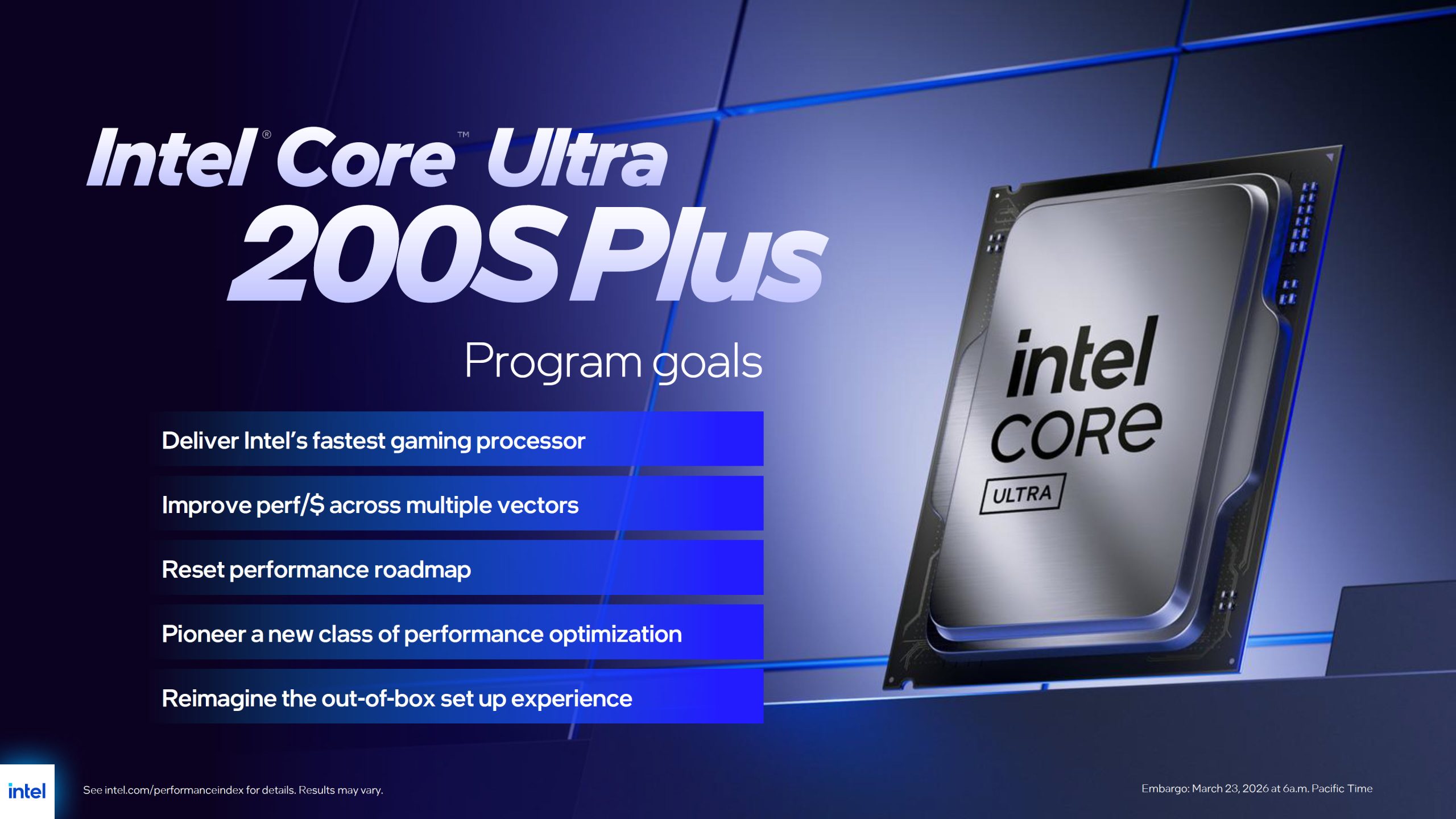 Image des processeurs Intel Core Ultra 200S Plus avec des objectifs de performance.