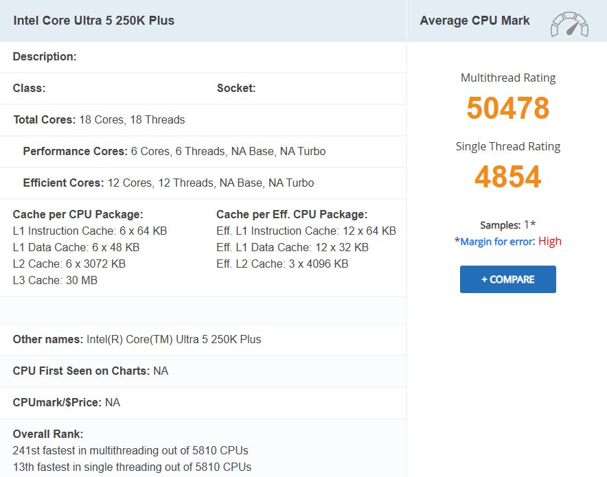 Résultats du benchmark pour le Core Ultra 5 250K Plus, affichant un score de 50,478 en multithread et 4,854 en single-core.