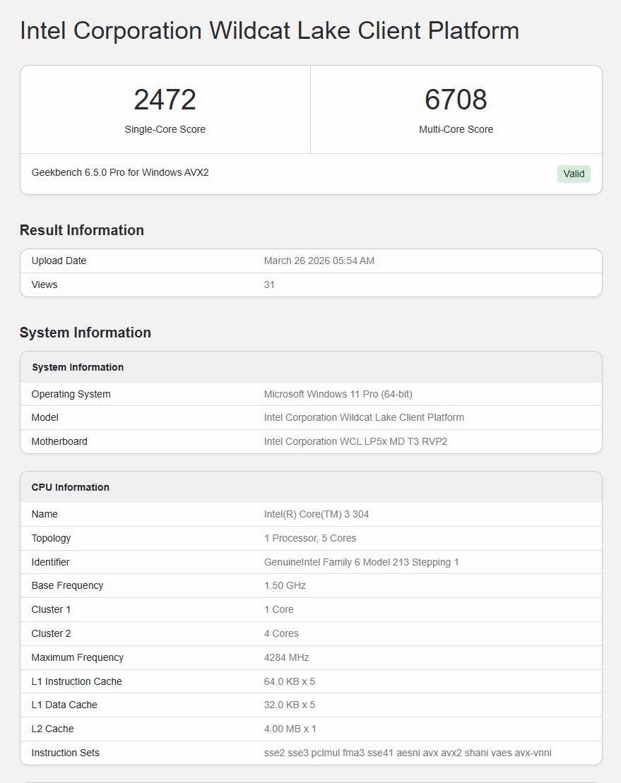 Résultat Geekbench pour le processeur 'Intel Corporation Wildcat Lake Client Platform' avec un score mono-cœur de 2472 et un score multi-cœur de 6708.