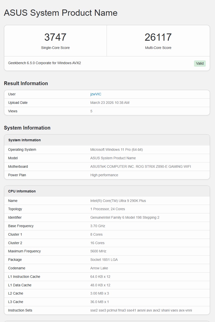 Résultat Geekbench 6.5.0 pour un système ASUS avec un score single-core de 3747 et un score multi-core de 26117, utilisant un processeur Intel Core Ultra 9 290K Plus à 3.70 GHz.