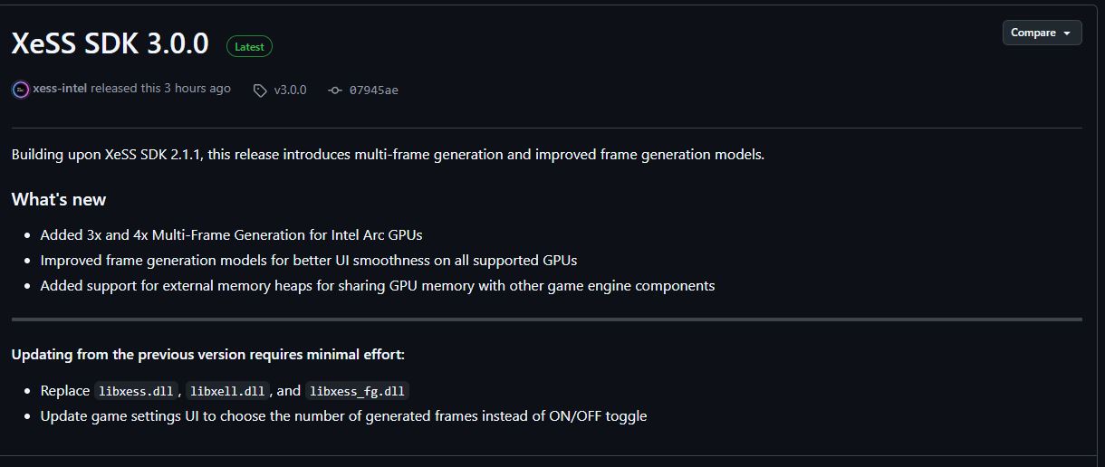 Les notes de version du SDK XeSS 3.0.0 décrivent de nouvelles fonctionnalités telles que la génération multi-image pour les GPU Intel Arc et une interface utilisateur améliorée.