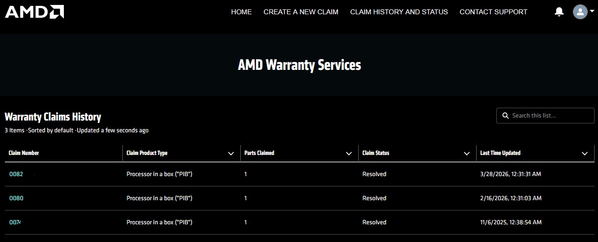 Page des services de garantie AMD avec un tableau listant les numéros de réclamation 0082, 0080 et 0074.