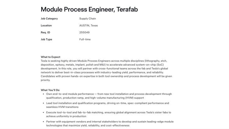 Poste de Module Process Engineer chez TeraFab à Tesla, décrivant les responsabilités liées à la chaîne d'approvisionnement et au soutien à la fabrication en grande série.