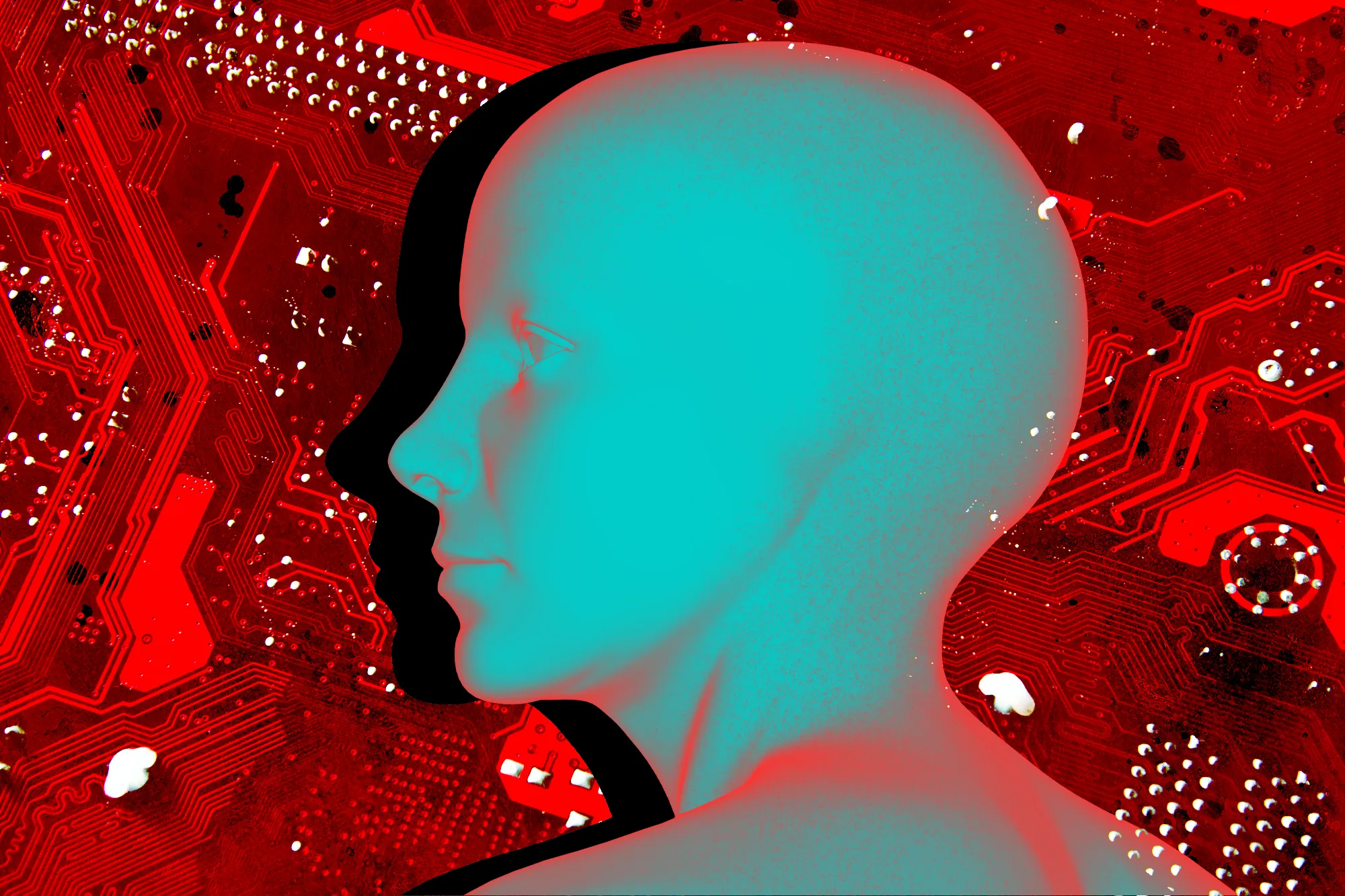 Profil d'une tête sur une puce informatique d'intelligence artificielle.
