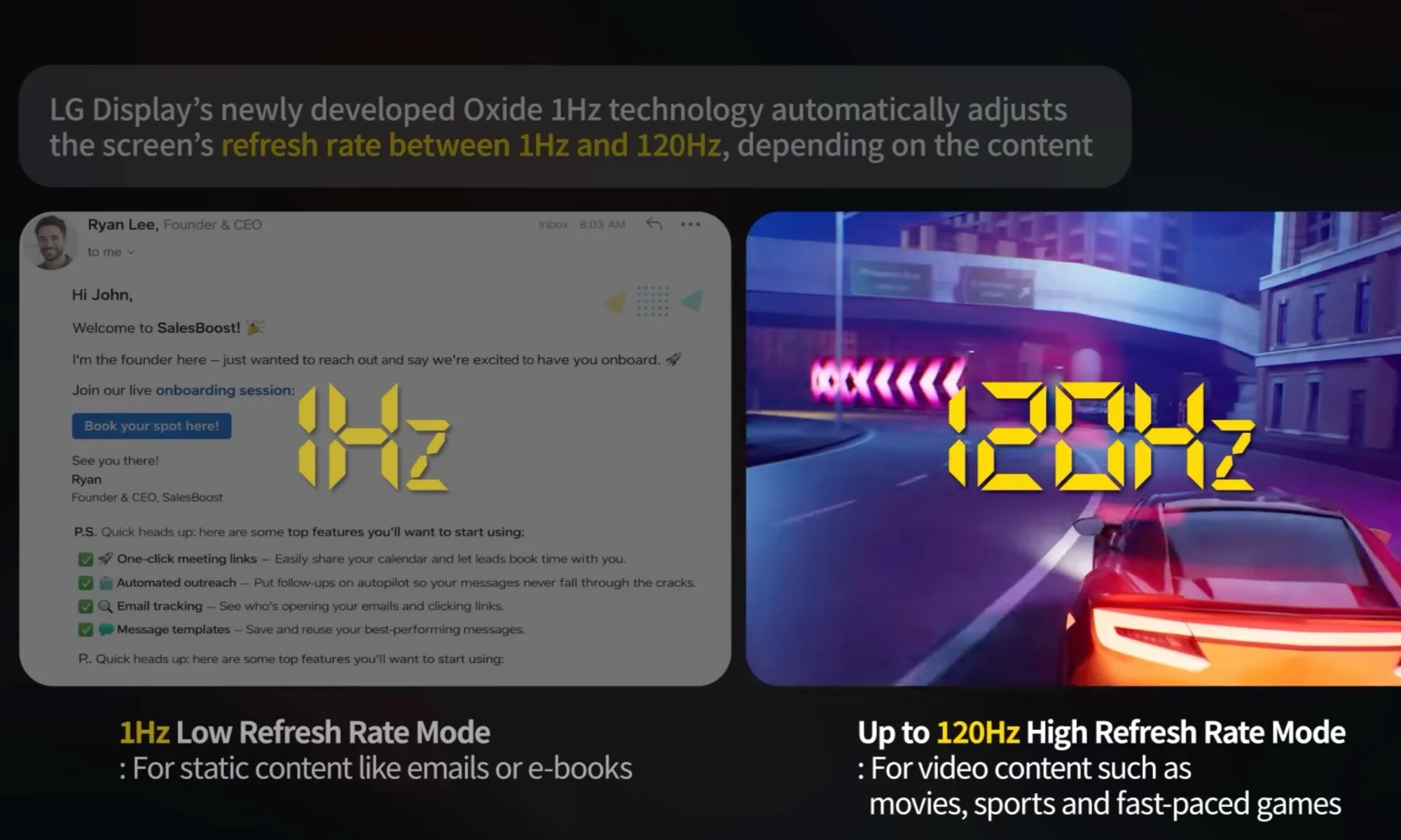 infographic showing LG Display Oxide 1Hz dynamic refresh rate