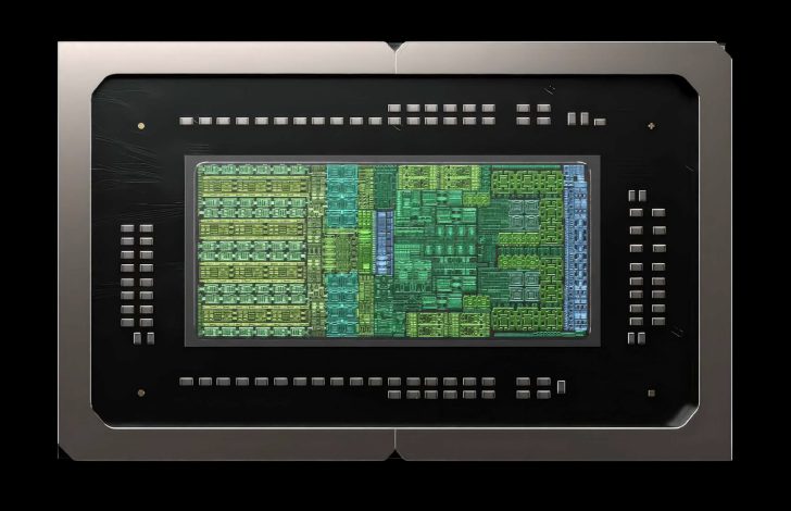 Zoom sur un die de GPU AMD RDNA 3 montrant son circuit complexe.