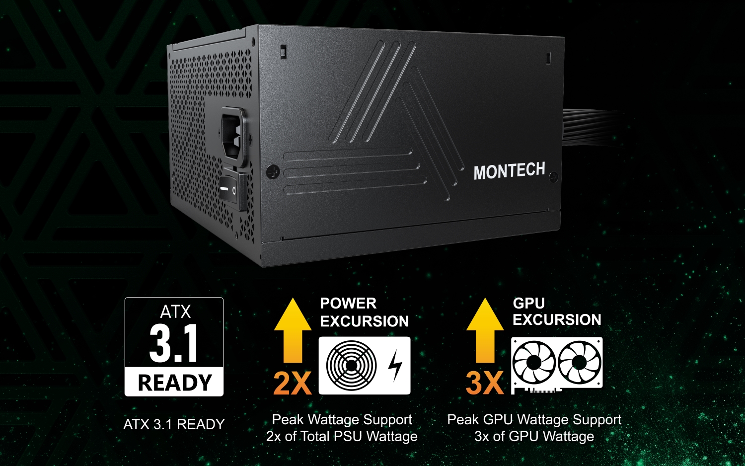 Alimentation ATX 3.1 de MONTECH avec fonctionnalités mises en avant, y compris 'Power Excursion' supportant 2x le total PSU