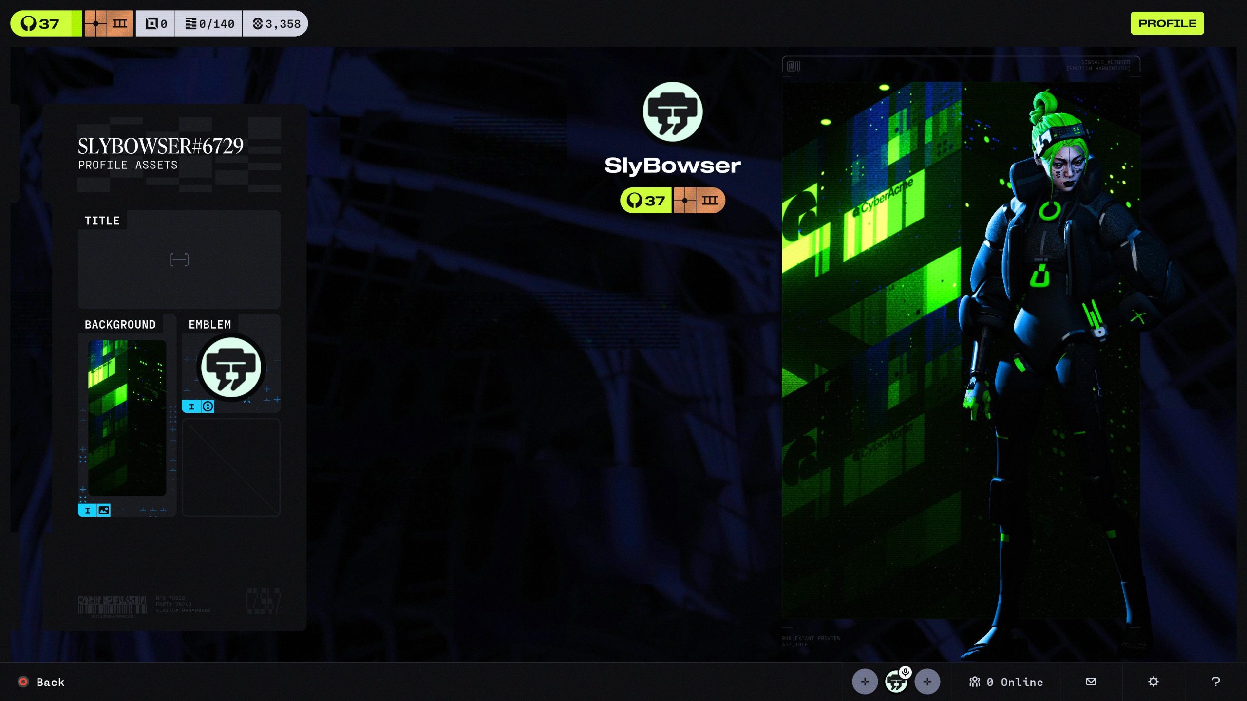 Un profil de jeu nommé 'SlyBowser#6729' avec un personnage futuriste devant un fond numérique vert.