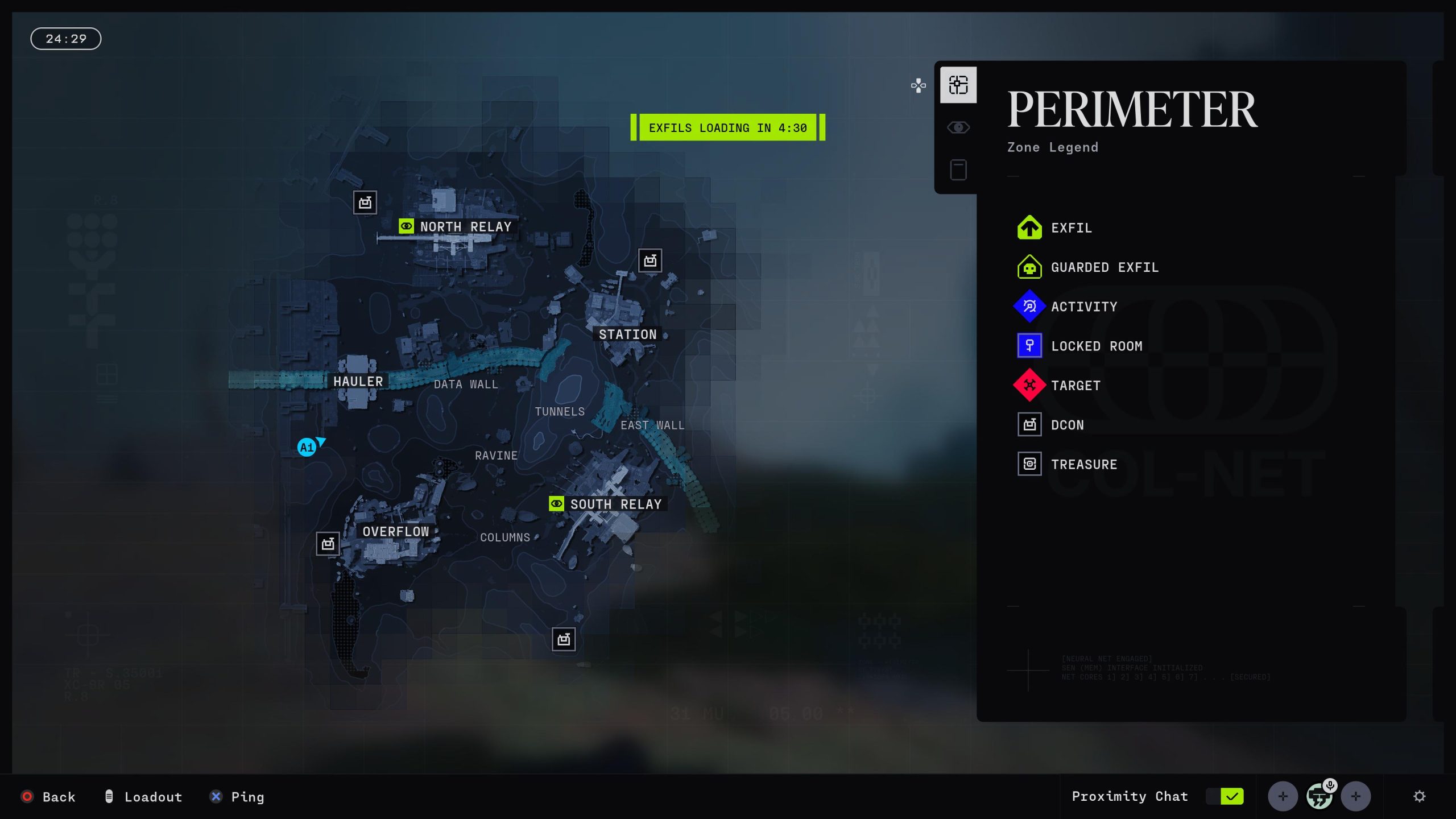 Carte du jeu Marathon montrant les emplacements des DCON dans la zone 'Perimeter'.